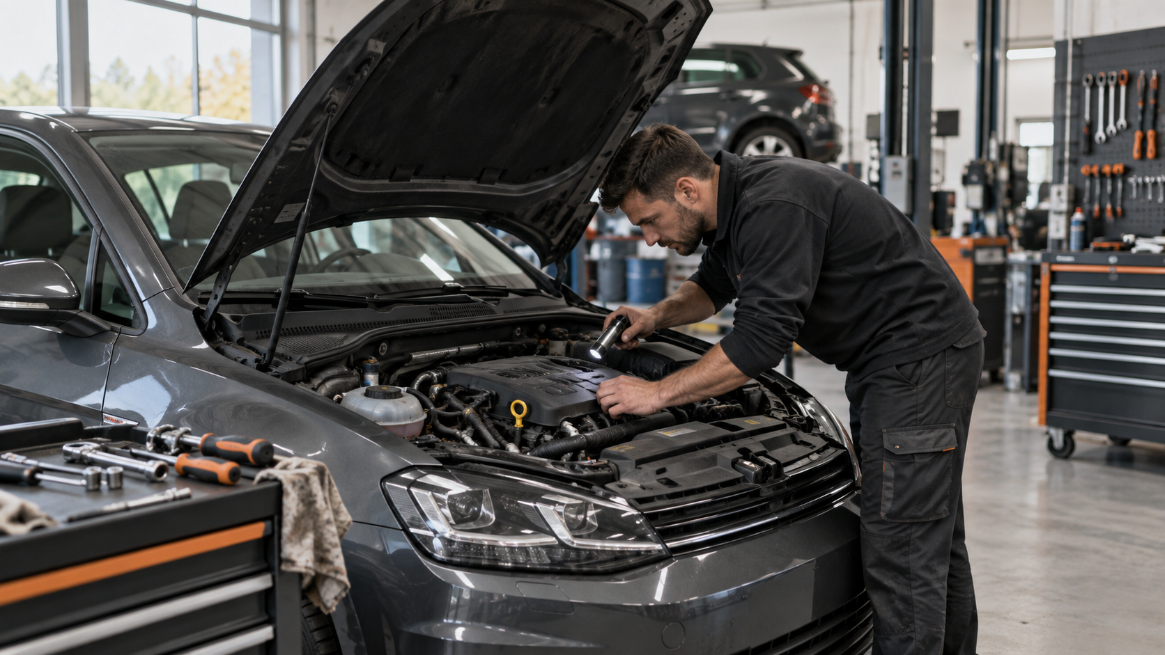 Mechaniker bei der Motorprüfung in einer Werkstatt – illustratives KI-Motiv
