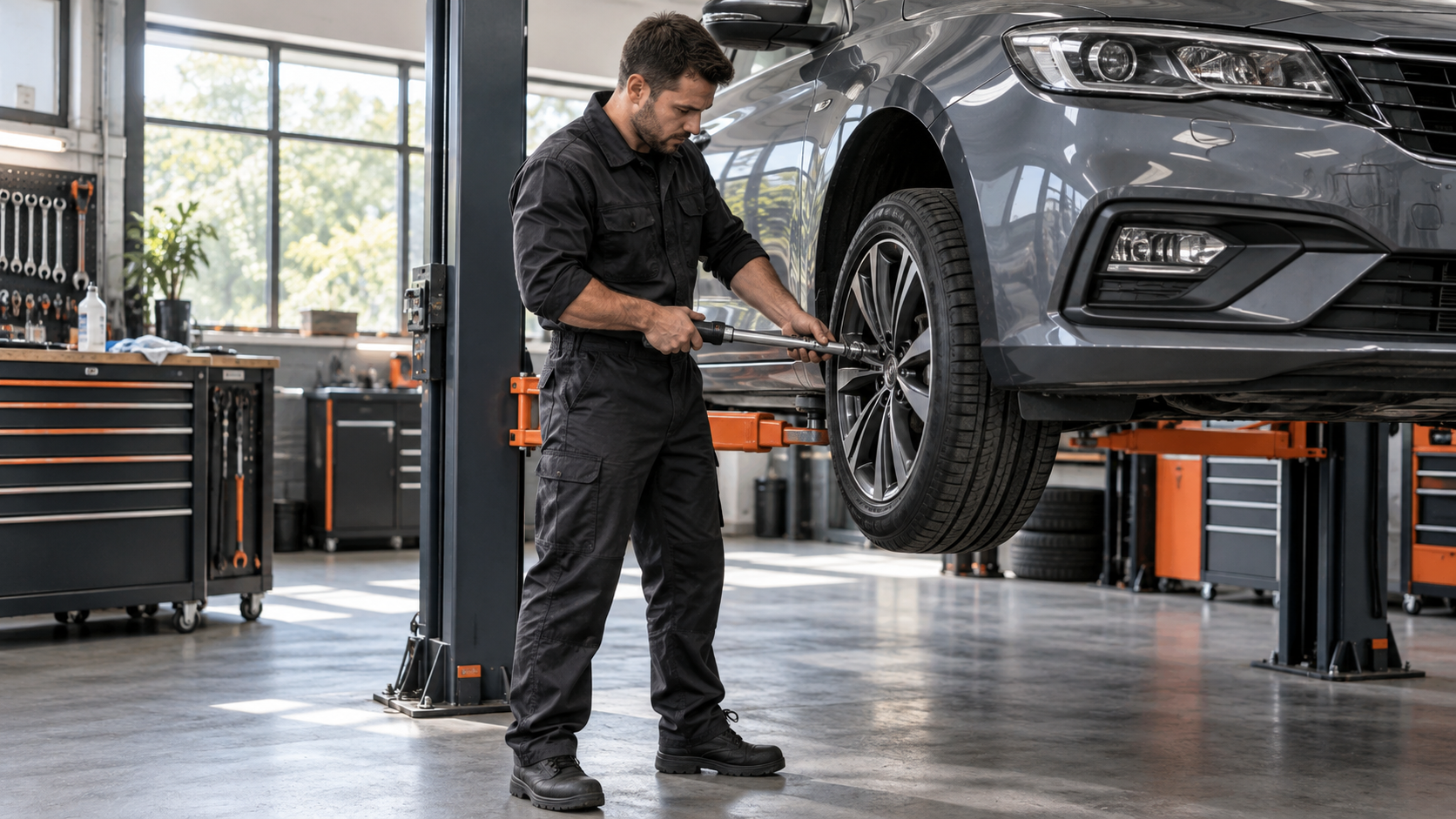 Mechaniker beim Räderservice – illustratives KI-Motiv